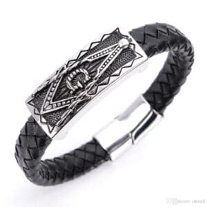 Black leather bracelet with silver Masonic symbol.