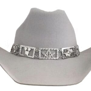 Gray cowboy hat with Masonic symbols.