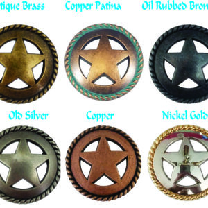 Six star-shaped metal buttons in various finishes.