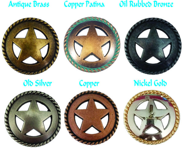 Six star-shaped metal buttons in various finishes.