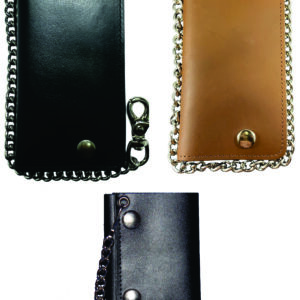 Three leather wallets with chains.