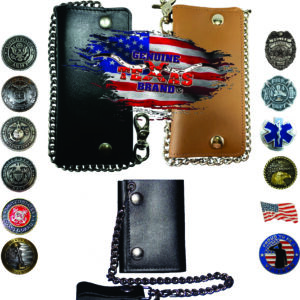 Leather wallets with chains and military pins.