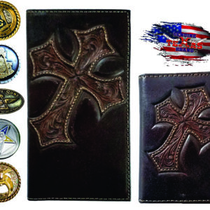 Tooled leather cross wallets, brown.