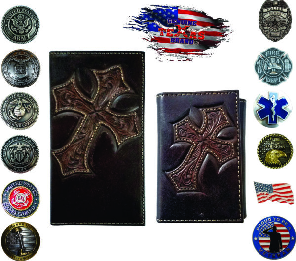 Brown leather wallets with cross designs.