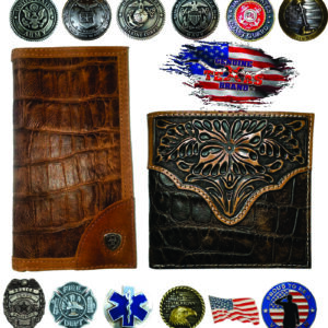 Brown leather wallet set with military emblems.