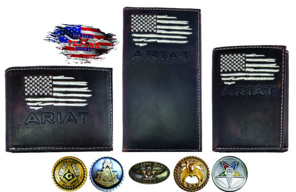 Ariat leather wallets with US flag.