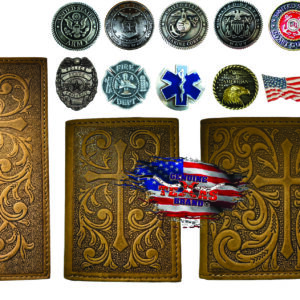 Brown leather wallet with cross design.