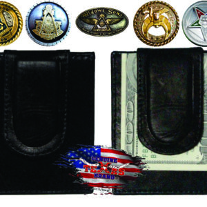 Black leather Masonic money clip with coins.