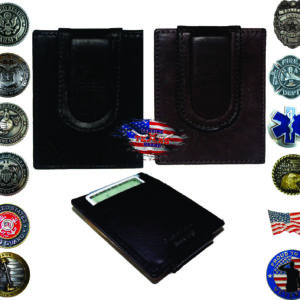 Black leather money clip wallet.