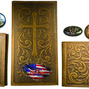 Brown leather wallets with cross designs.