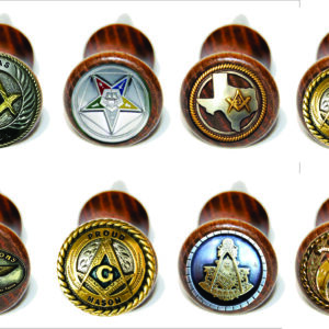 Masonic symbols on wooden knobs.