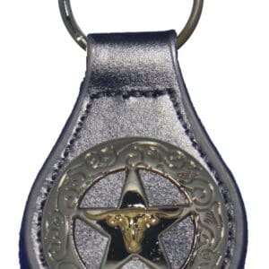 Black leather longhorn keychain with star.
