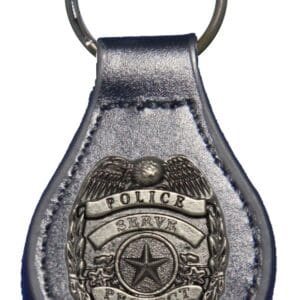 Silver police badge keychain: Serve & Protect.