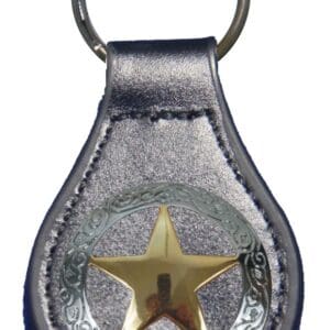 Leather keychain with gold star and silver design.