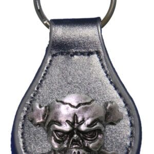 Silver skull keychain with leather.