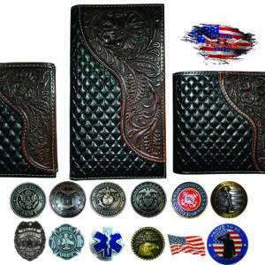 Black leather tooled wallets, various sizes.