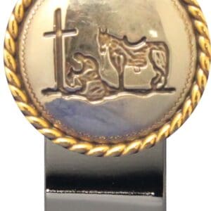 Here's an alt tag for the image: Western-themed money clip with cross.