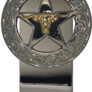 Here's an alt tag for the image: Silver longhorn star money clip.
