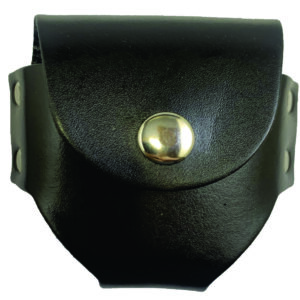 Black leather handcuff case with snap.