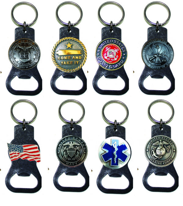 Military branch bottle opener keychains.