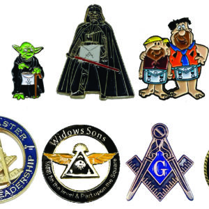 Masonic and pop culture lapel pins.