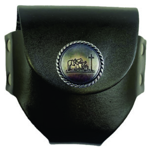 Black leather pouch with religious scene.