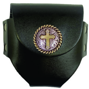 Black leather pouch with cross.