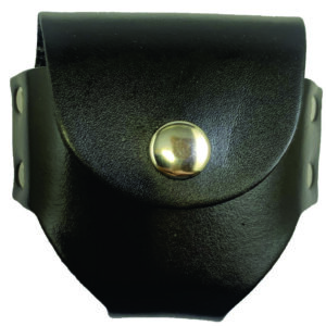 Black leather handcuff case with snap.