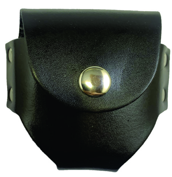 Black leather handcuff case with snap.
