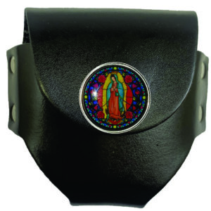 Black leather case, Virgin Mary medallion.