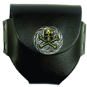 Black leather skull and crossbones pouch.