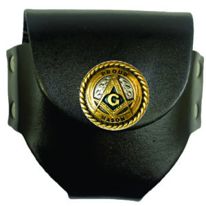Black leather Masonic pouch with emblem.
