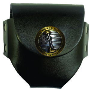 Black leather pouch honoring fallen soldiers.